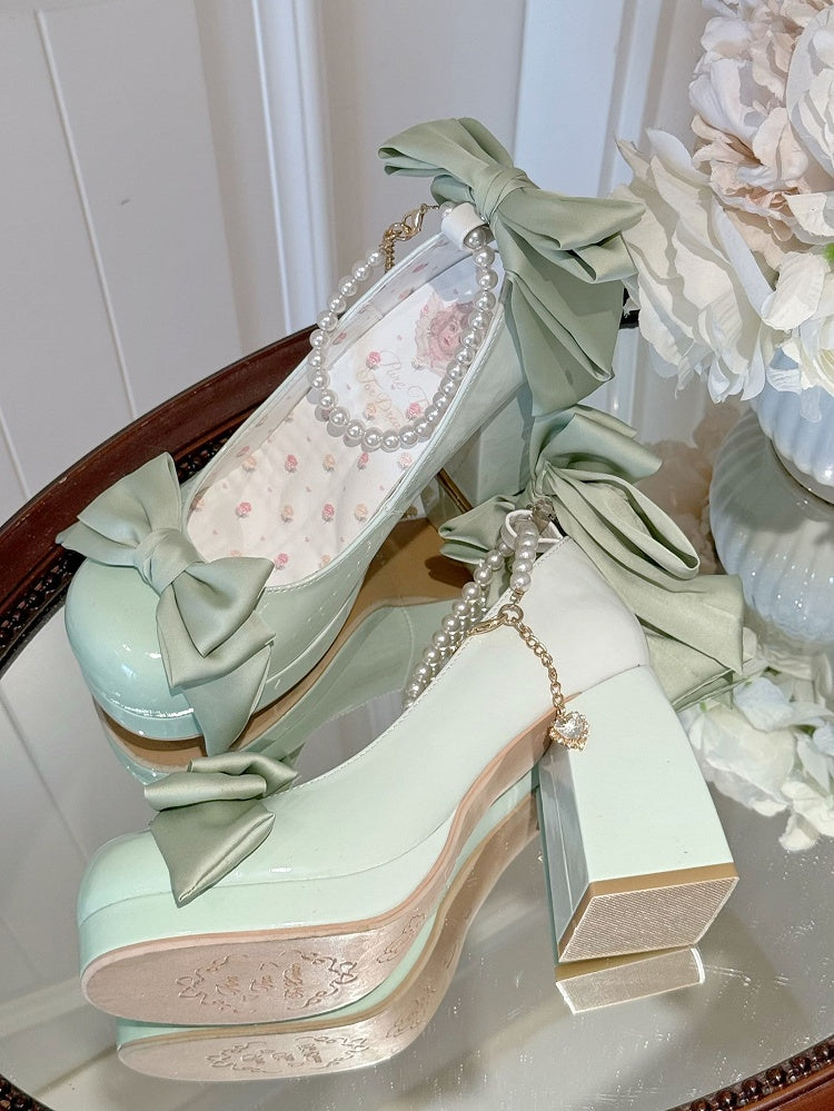 Grüne Lolita-Plateauschuhe mit Schleife und runder Mary-Schuh-Details