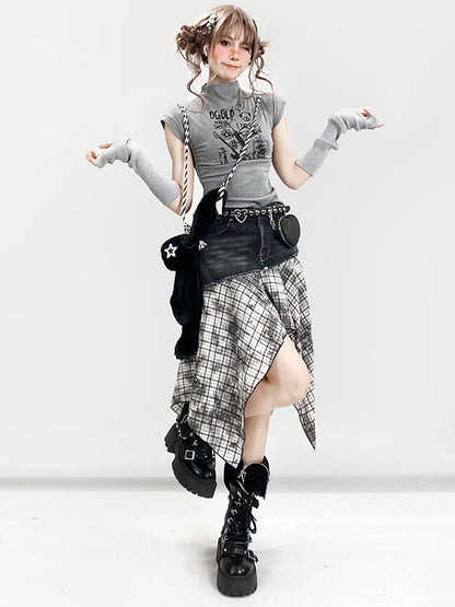 Plaid Handkerchief BlackWhite Y2K Pattern Skirt Hem
