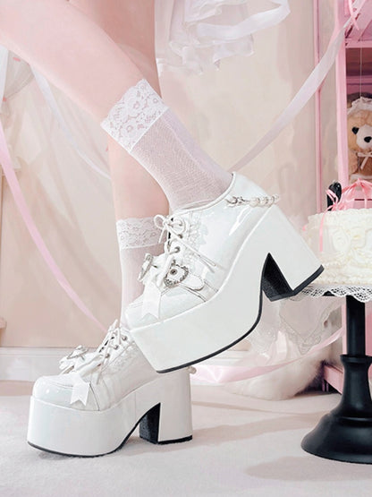 Jirai Kei Polished White Lace Trim Heart Bow Platform High Block Heels with Beaded Chain