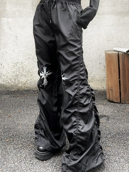 Waist Cross Print Design Drawstring Black Ruched Casual Pants