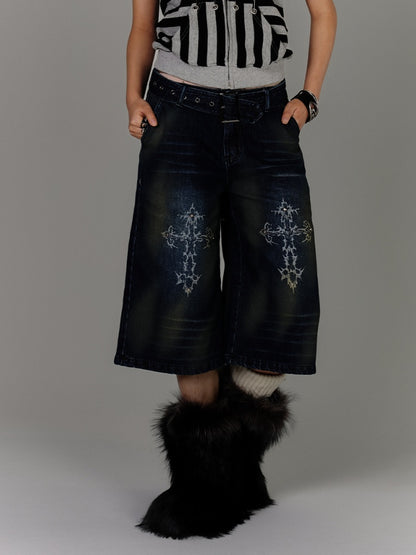 with Buckle Blue Print Faded Wash Glamorous Distressed Jeans Belt Cross