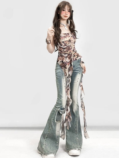 Decorated Jeans Faded Cuffs Y2K Frayed Glamorous Blue Raw Flare Pocket Silhouette Wash and