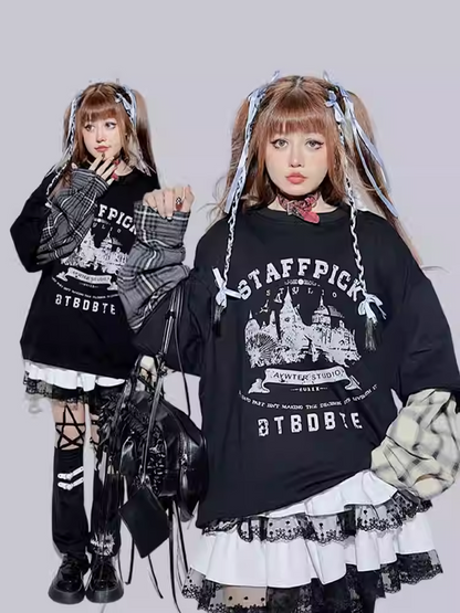 Black Plaid Round Neck Letter Fake Two-piece Sweatshirt