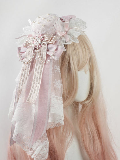 Pink Big Bow Lace Trim Snowflake Beaded Chain Mini Hat+Snowflake Lace Veil