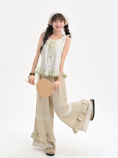 Ruffled Khaki Flax Tassel Cuffs Trim Drawstring Regular/Short Waist Wide-Leg Pants Version