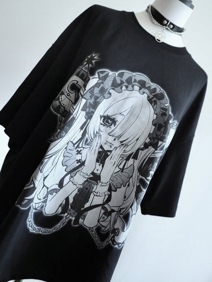 Hals SchwarzWeiß Kei Jirai Runddruck Cartoon Mädchen T-Shirt
