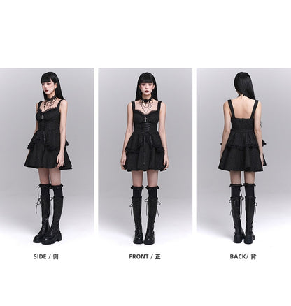 Skirt Gothic Black Sweetheart Neckline Lace-up Front Tiered