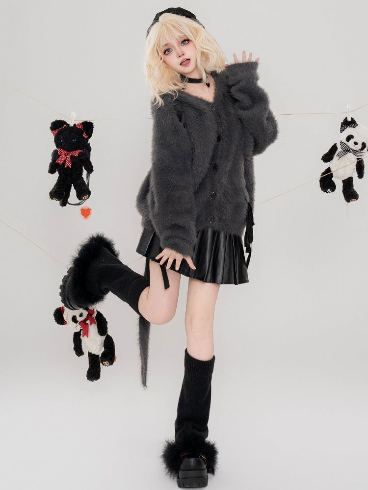 Dark Grey Lace-up Detail Bunny Ears Fluffy Hooded Cardigan