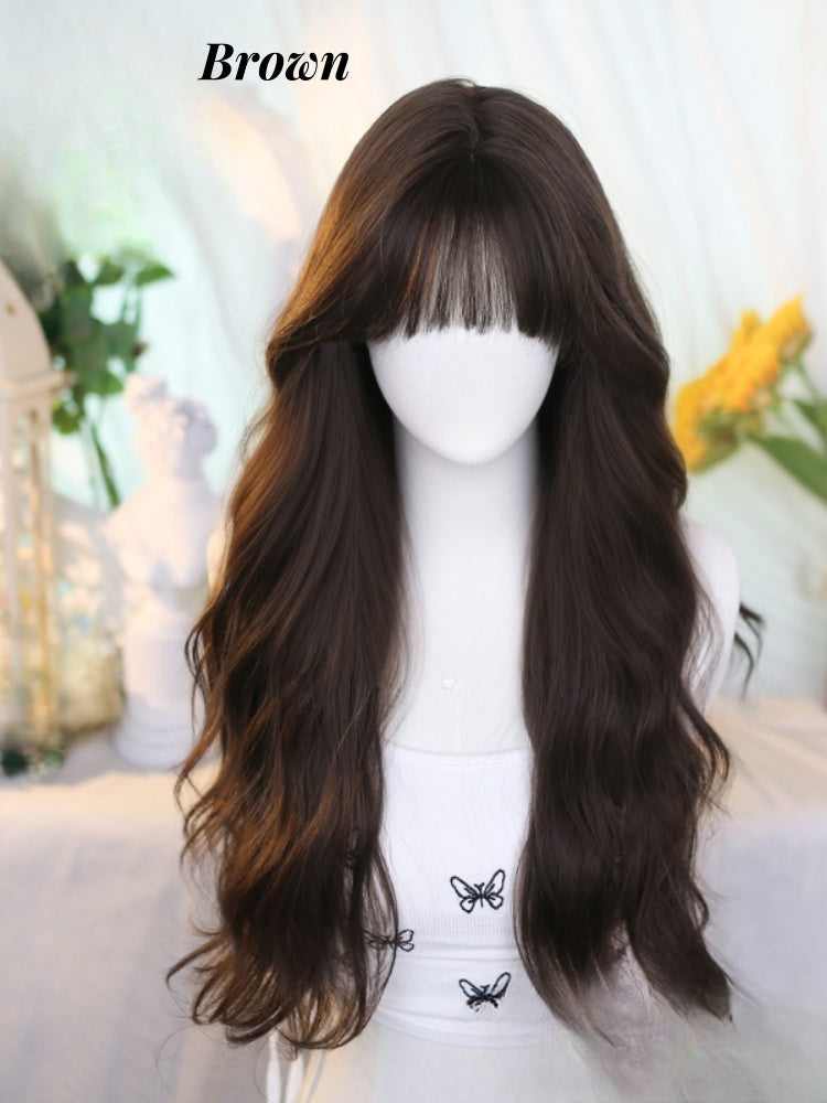 Black Tea/Brown Under Bust Length Wavy Wig with Air Bangs