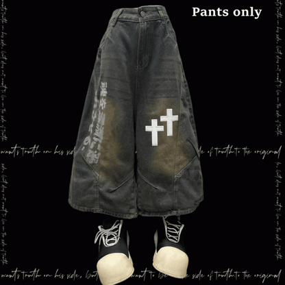 Dunkelblaue Jeans mit weitem Bein, verblasste Waschung, Kreuzapplikationen, Distressed