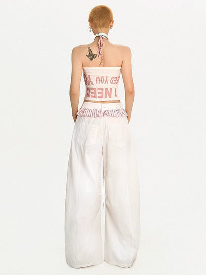 White Faux Two-piece Wide-Leg Pants with Pink-Black Striped Ruffle Trim