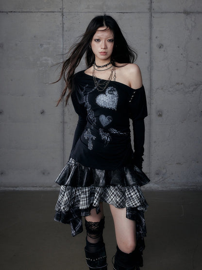 Grunge Aesthetic Neck Punk Black Side Stretch Button Details Asymmetrical Top with
