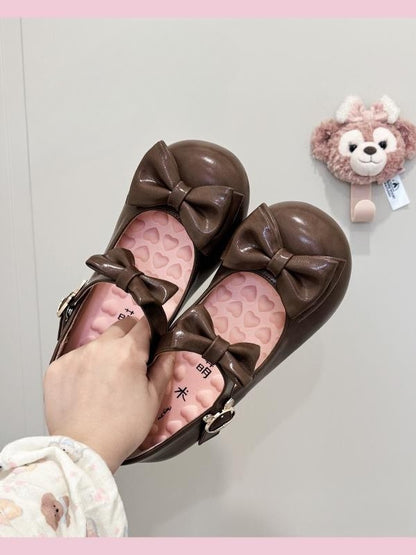 Toe Bunny-shaped Clasp Bow and Embellishment Round Low-heel Brown