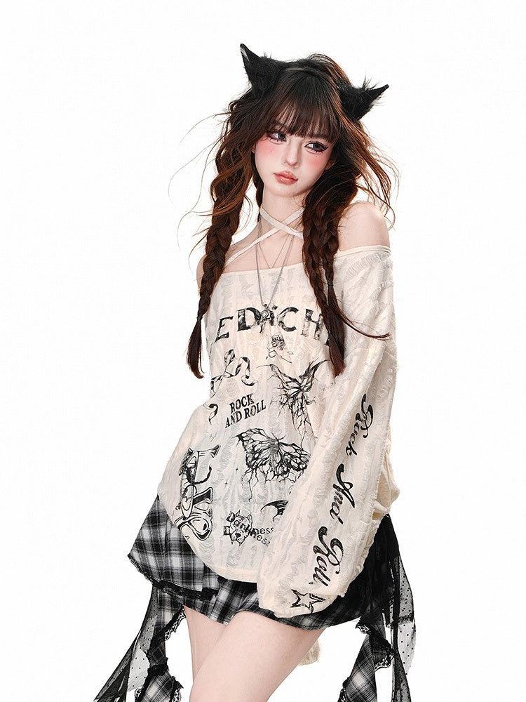 Asymmetrical Neckline Butterfly Print Distressed Holes Apricot/Gray Halter Neck Top
