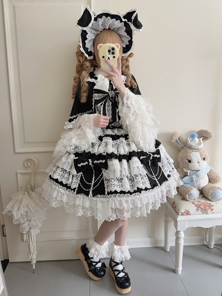 Black Lolita Dress Chain Hanayome Skirt Big Bead Bows Decoration Tiered