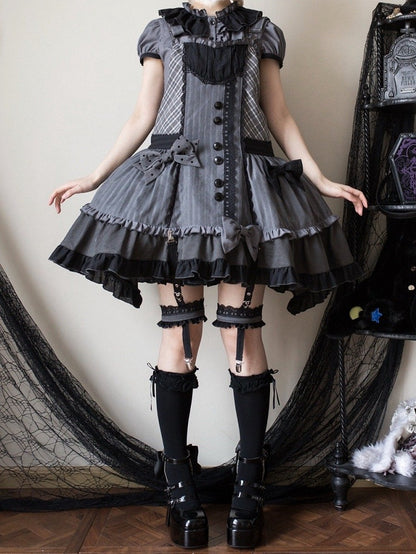 Detachable Bodice Gray Dark Overall Hood Plaid Lolita Ears Bunny Dress with Pattern