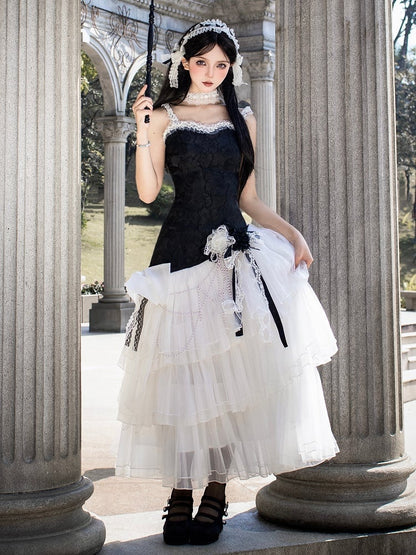 Classic Layered Tulle Lolita Fit Jacquard Bodice Hem Slim Dress Black White Floral