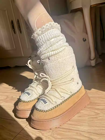 Camel Heel Plush Platform Boots