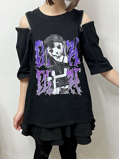 T-Shirt Kei Schwarzer Hals Runder Cartoon Mädchendruck Jirai