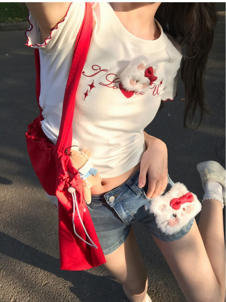 Rise Denim Shorts with Adorable Kitty Plushie Blue Low