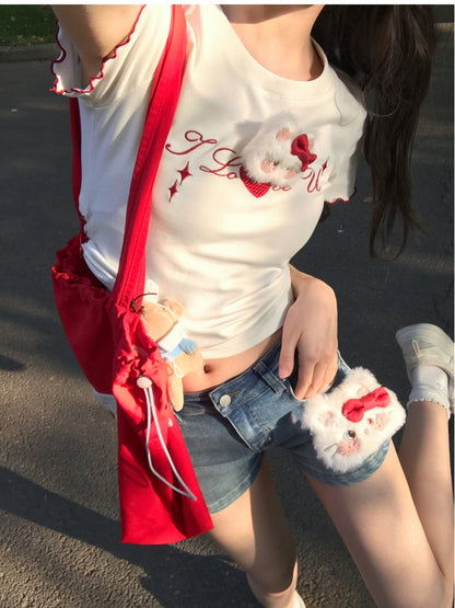 Rise Denim Shorts with Adorable Kitty Plushie Blue Low