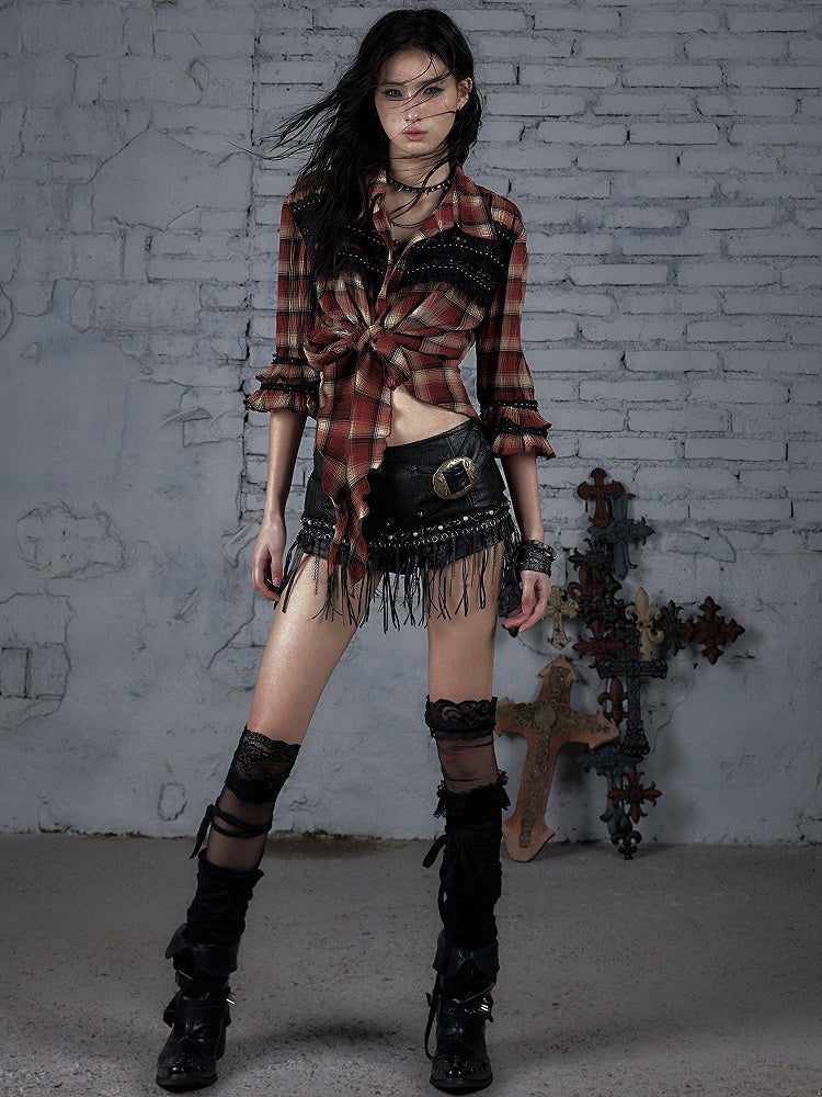 Ödland Hemd Muster Punk Trim Plaid Spitze Rot