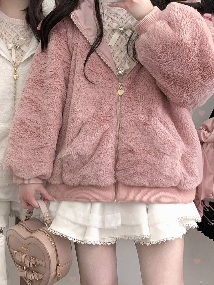 Jirai Kei Pink Bunny Ears Hood Landmine Style Plush Zip Hoodie