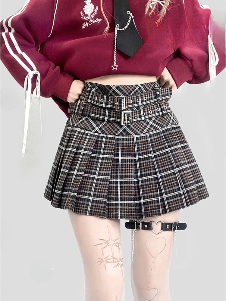 Black Plaid Pleated Skirt with Buckle Belts