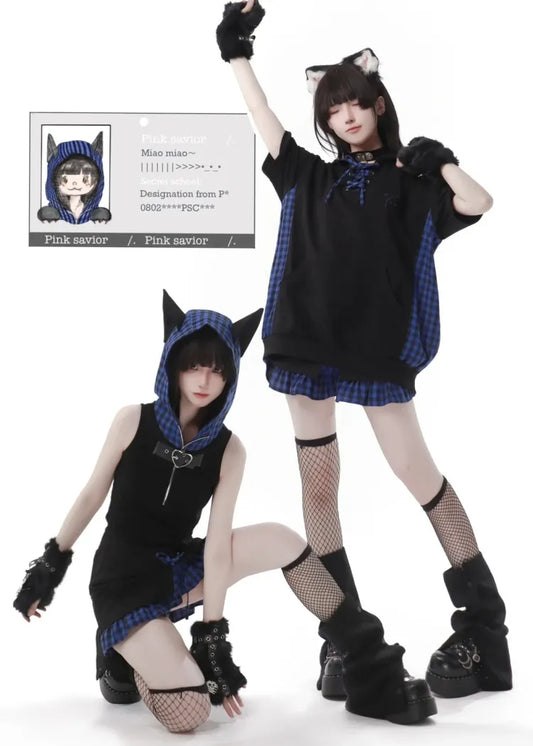 Pattern Hood Blue Eared Top Dark Black Plaid Sleeveless