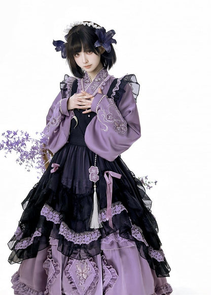 Purple Butterfly and Floral Embroidery Crossover Neckline Han Lolita Dress