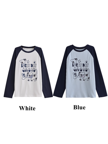 Top White/Blue Colorblock Design Adorable Puppy Print Loose