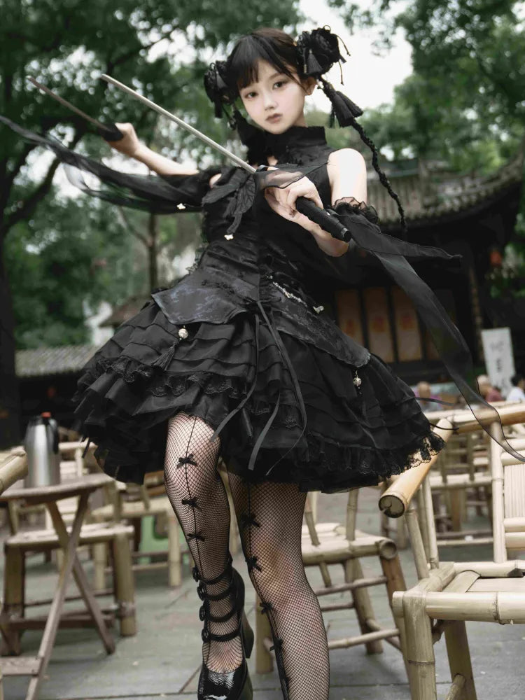 Sleeves Black Butterfly Qi with Theme Lolita Collar Banded Qipao Dress