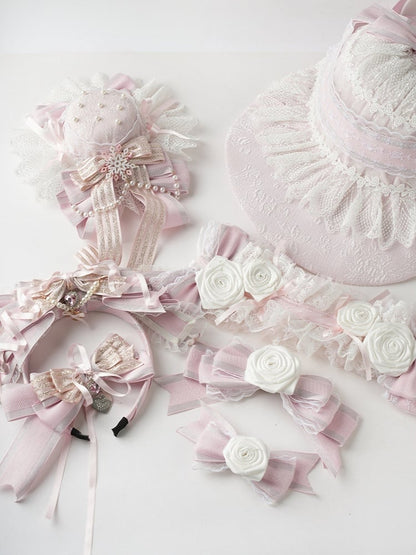 Pink Big Bow Lace Trim Snowflake Beaded Chain Mini Hat+Snowflake Lace Veil