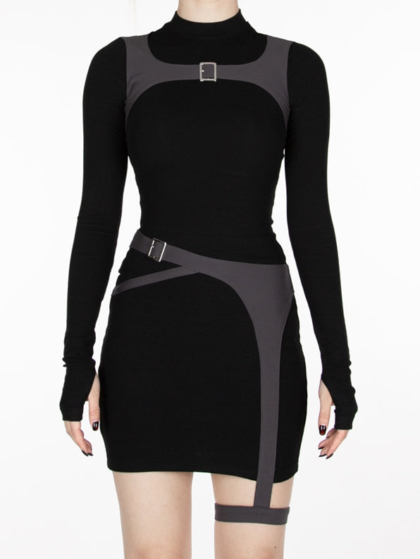 Cyberpunk Futuristic Black & Gray Buckle Strap Dress Waist Belt and Harness All-in-one with Garter