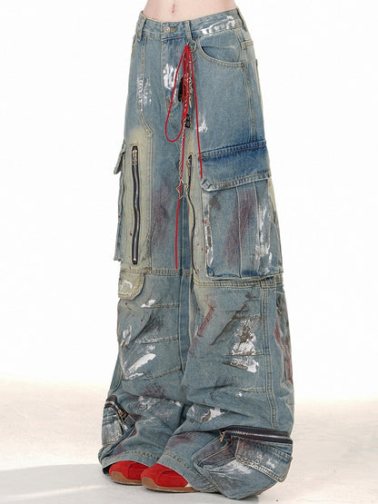 Blue with Wide-leg Cut Design Zipper Cargo Jeans Spray Paint Print