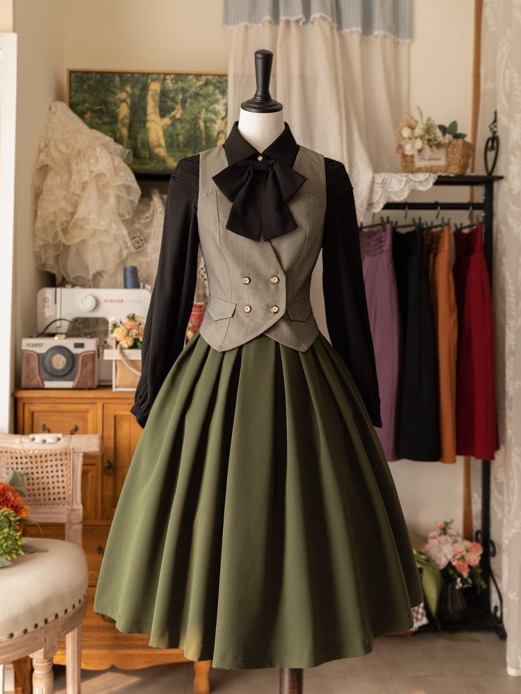 Olive Green Elegant Midi Length High Waist Pleated Hem Classic Lolita Skirt