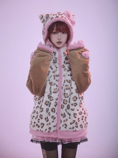 Brown and Pink Leopard Kitty Ears Hooded Plush Jacket