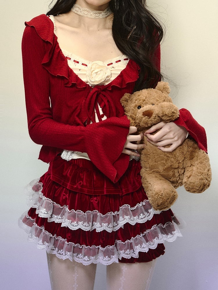 Red V-neck Self-tie Straps Cropped Cardigan Ruffle Trim