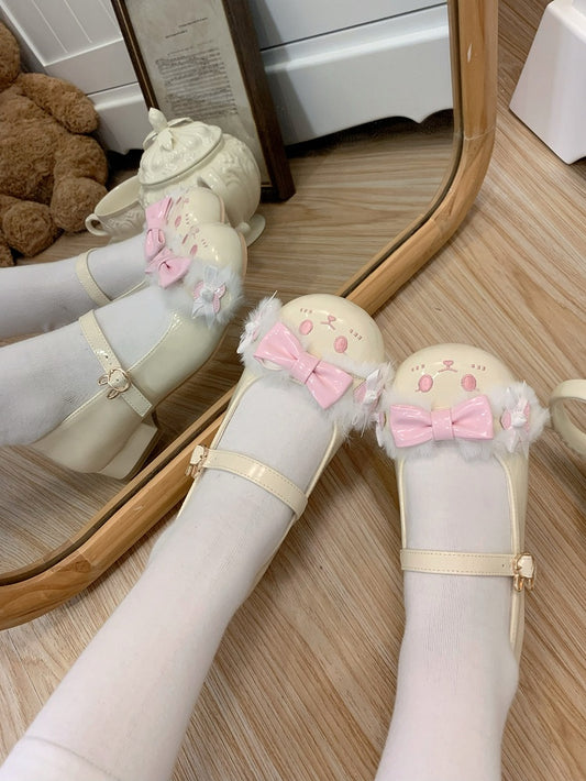 Details Schnallenschuhe Lolita Süßes Gelb-Rosa Häschen Mit Zehen-Ohr Runden Riemen Bowknot Plüsch