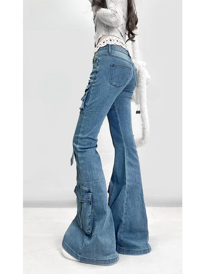 Y2K Vintage Light Blue Low Waist Flared Denim Glamorous Jeans with Cargo Pockets