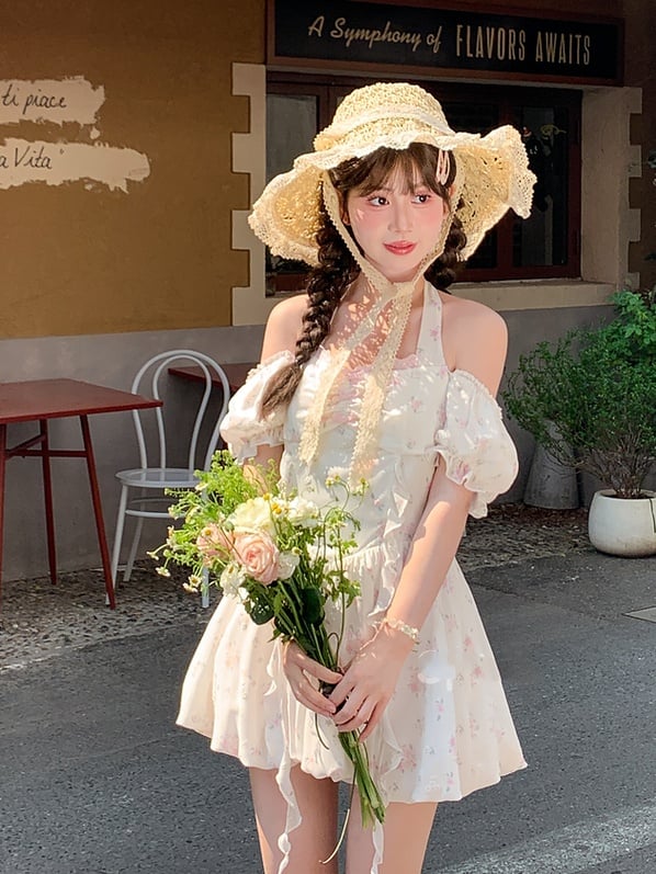 Waist Sweet White Puff Sleeves Basque Halter Neck Floral Dress