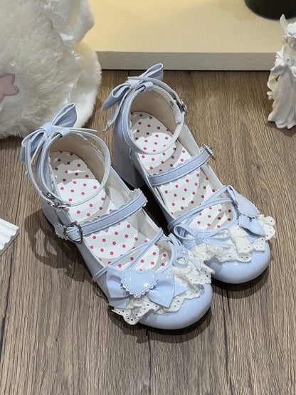 Sweet Buckle with Bow Shoes Janes - Lacework Lolita Details Blue Heart Mary