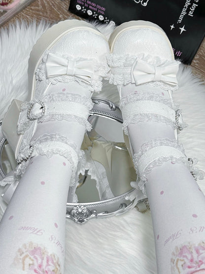 Shoes Platform Jirai - Trim Mary Lace Heels Block High Kei White Jane with