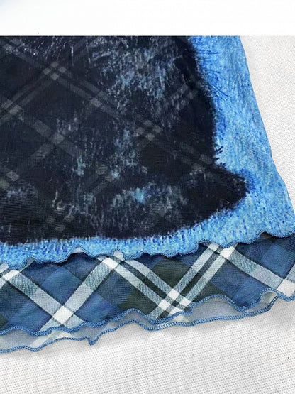 Plaid And Pattern Bittersweet Rolled Print Letter Cat Y2K Blue