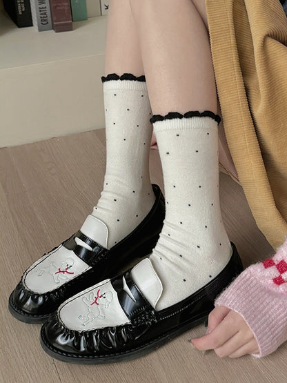 Polka-dot Pattern Ruffled Cuff Calf Socks