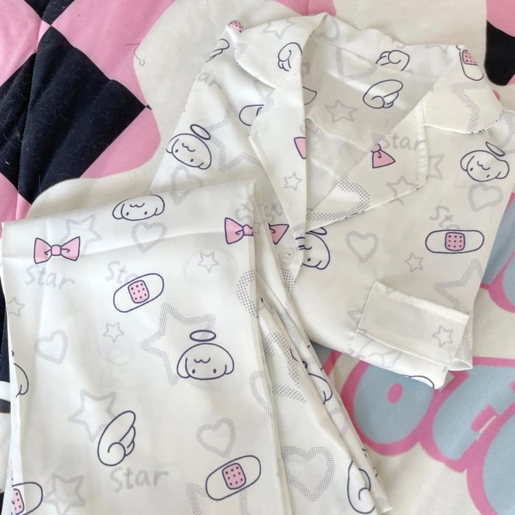 White Pink Angel Print Pajama Set