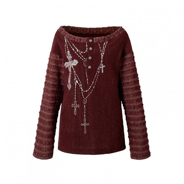 Off-the-shoulder Cross Embroidery Red Top with Scarf