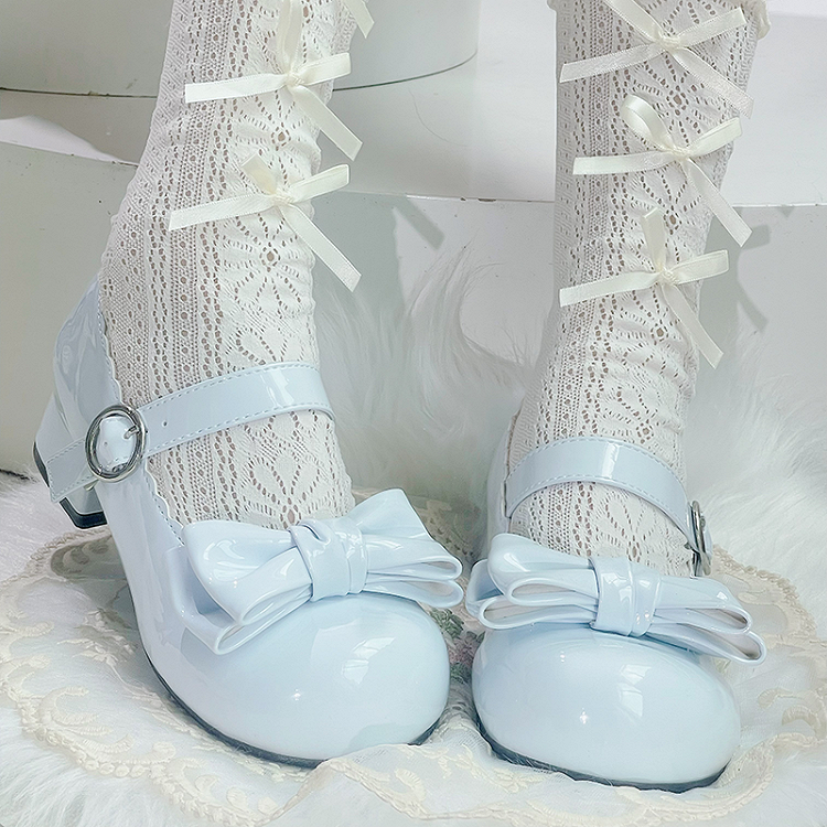 Sweet Lolita Blue Bowknot Round Toe Block Heel Mary Janes