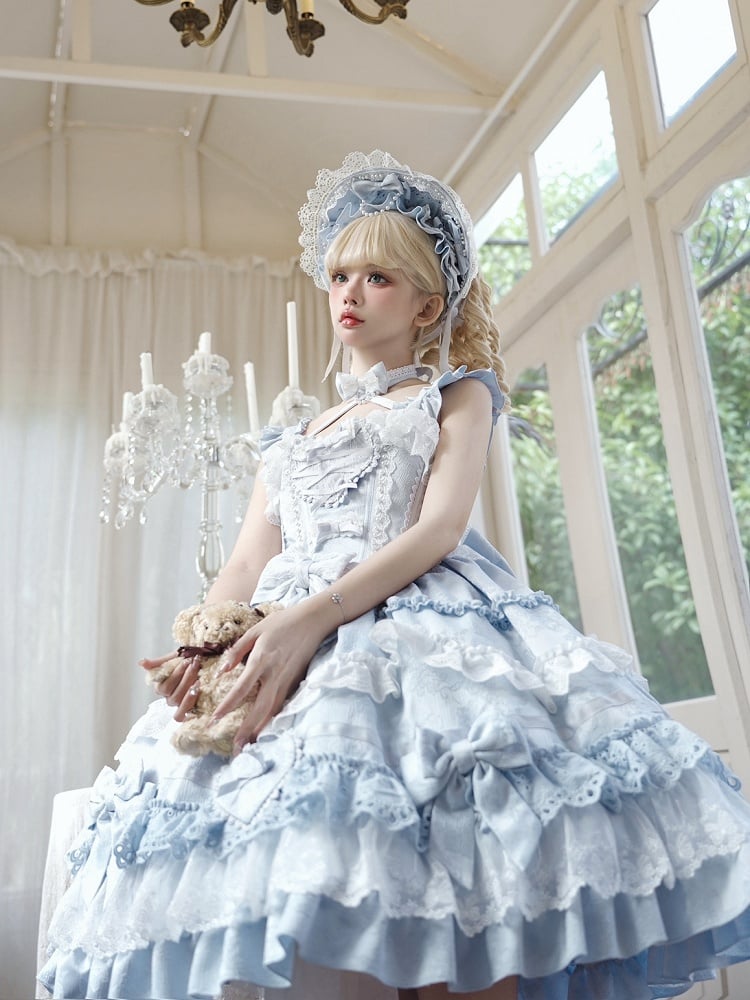 Blue and White Old School Lolita Dress Bows and Heart Shape Decoration Princess Lolita Jumper Skirt