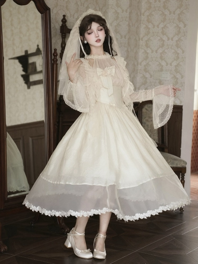 Waist Hairband Flower Halter Illusion Basque Dress Detachable Beige Bow Elegant Neck + Boned